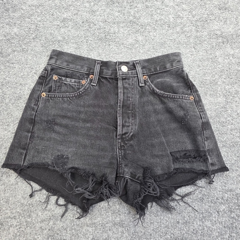 AGOLDE Parker Cut Off Denim Shorts Women's 23 Black Raw Hem Button Fly